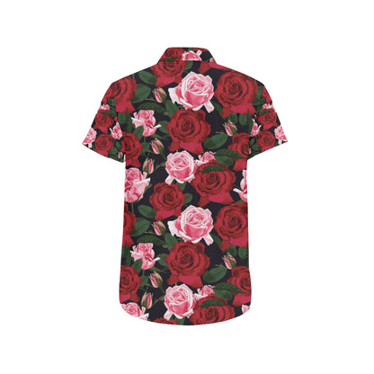 Rose Red Pink Pattern Print Design RO01 Men's Short Sleeve Button Up Shirt