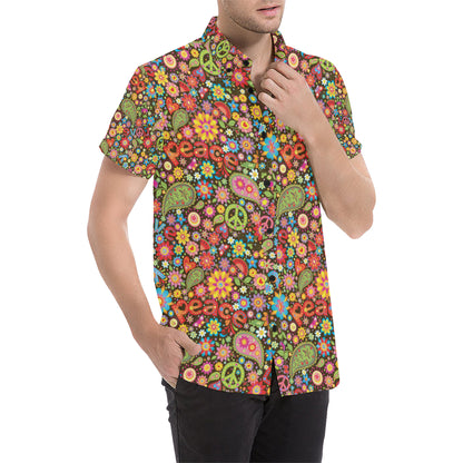 Flower Power Peace Paisley Themed Print Men's Short Sleeve Button Up Shirt