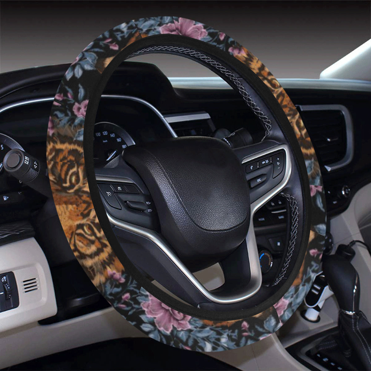 Tiger Head Floral Steering Wheel Cover with Elastic Edge
