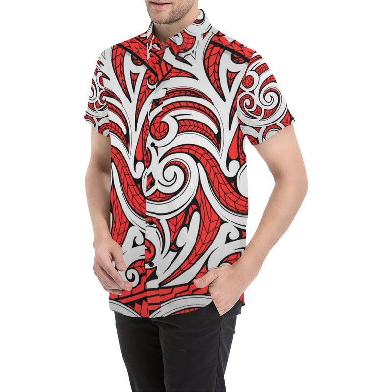 Maori Polynesian Themed Design Print Men's Short Sleeve Button Up Shirt