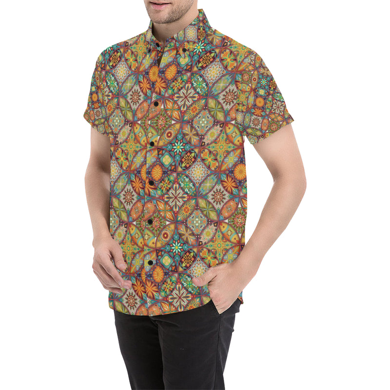 Mandala Flower Themed Design Print Men's Short Sleeve Button Up Shirt