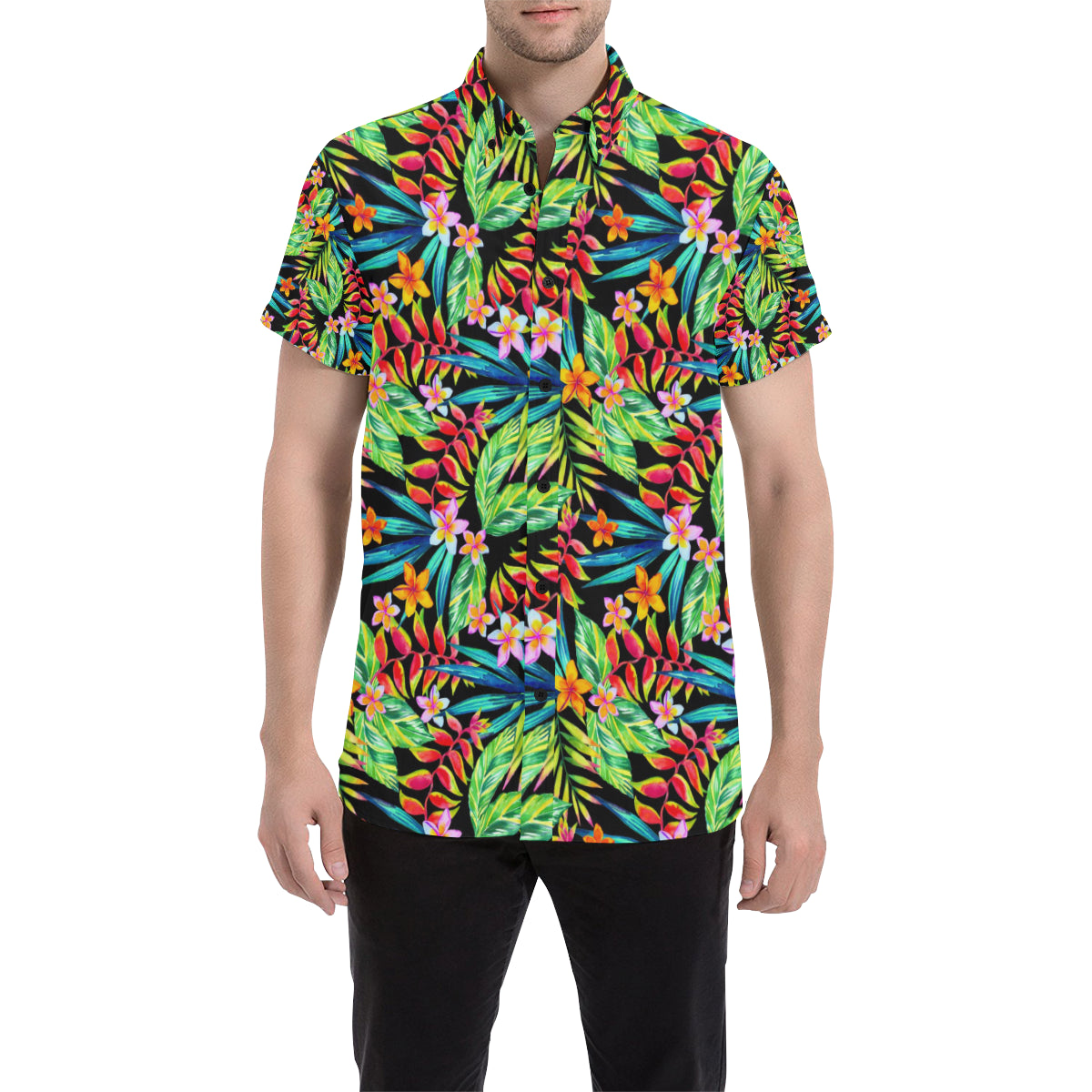 Heliconia Pattern Print Design HL09 Men's Short Sleeve Button Up Shirt