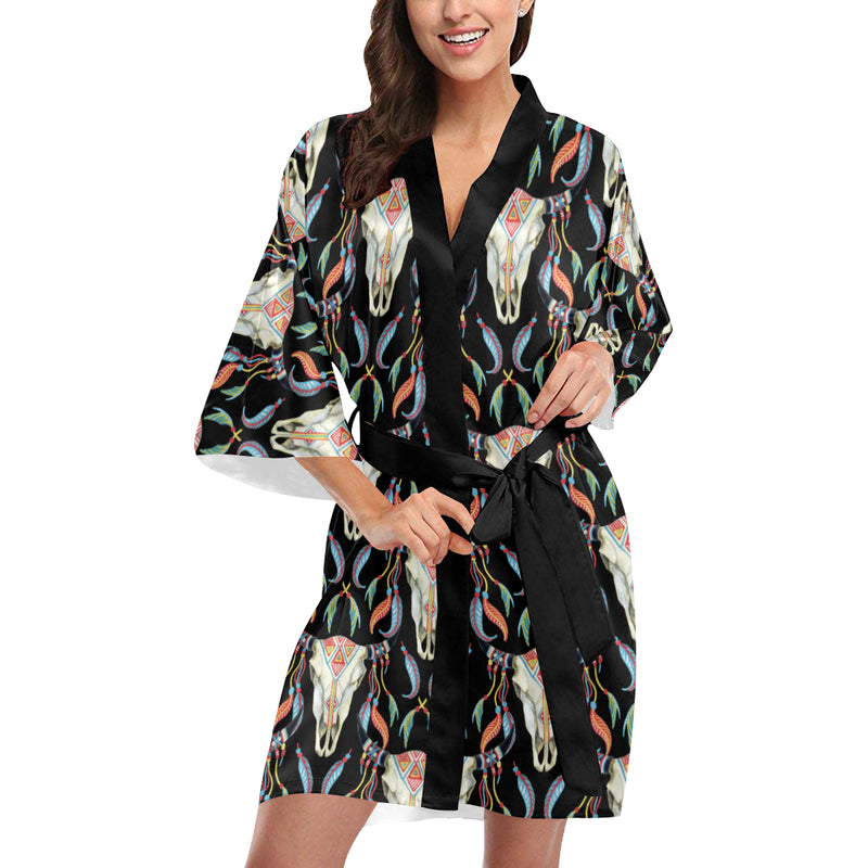 Buffalo Head Boho Style Pattern Print Design 01 Women's Short Kimono