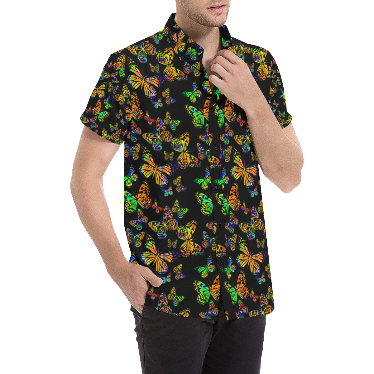 Butterfly Neon Color Print Pattern Men's Short Sleeve Button Up Shirt