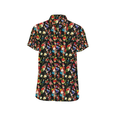 Skull Roses Flower Design Themed Print Men's Short Sleeve Button Up Shirt