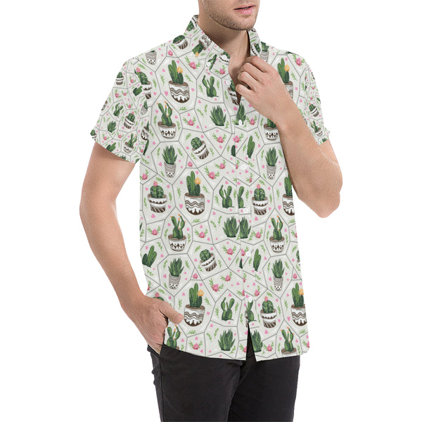 Cactus Pattern Print Design 04 Mens Short Sleeve Button Up Shirt Jorjune