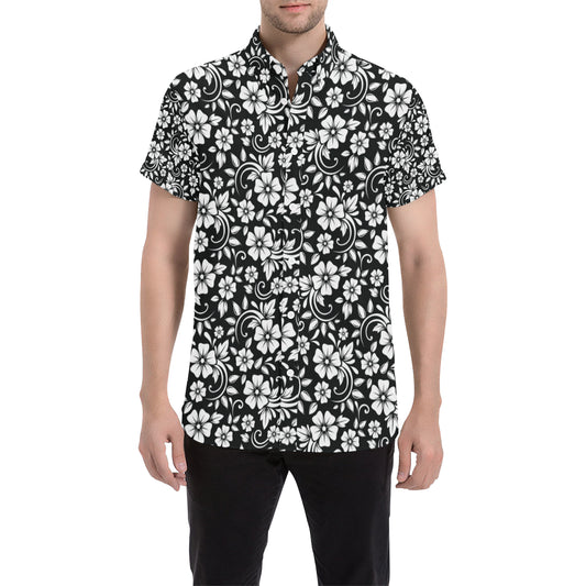 Floral Black White Themed Print Men's Short Sleeve Button Up Shirt