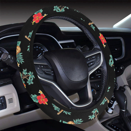 Hawaiian Flower Themed Print Steering Wheel Cover with Elastic Edge