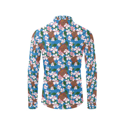 Sea Turtle Pink Hibiscus Hawaiian Print Men's Long Sleeve Shirt