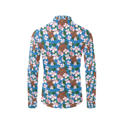 Sea Turtle Pink Hibiscus Hawaiian Print Men's Long Sleeve Shirt