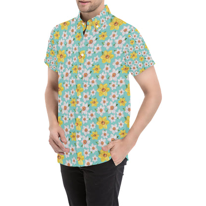 Daffodils Pattern Print Design 02 Men's Short Sleeve Button Up Shirt