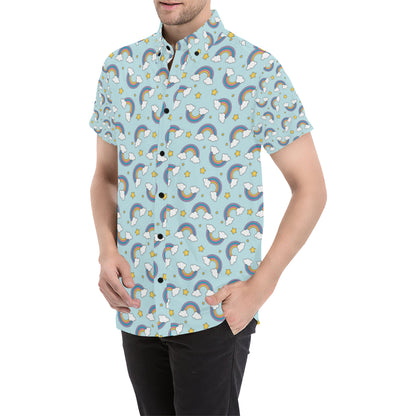 Rainbow Cloud Print Pattern Men's Short Sleeve Button Up Shirt