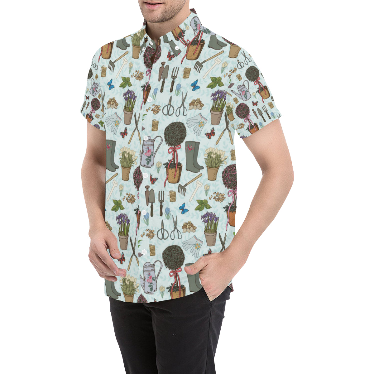 Gardening Pattern Print Design G01 Men's Short Sleeve Button Up Shirt