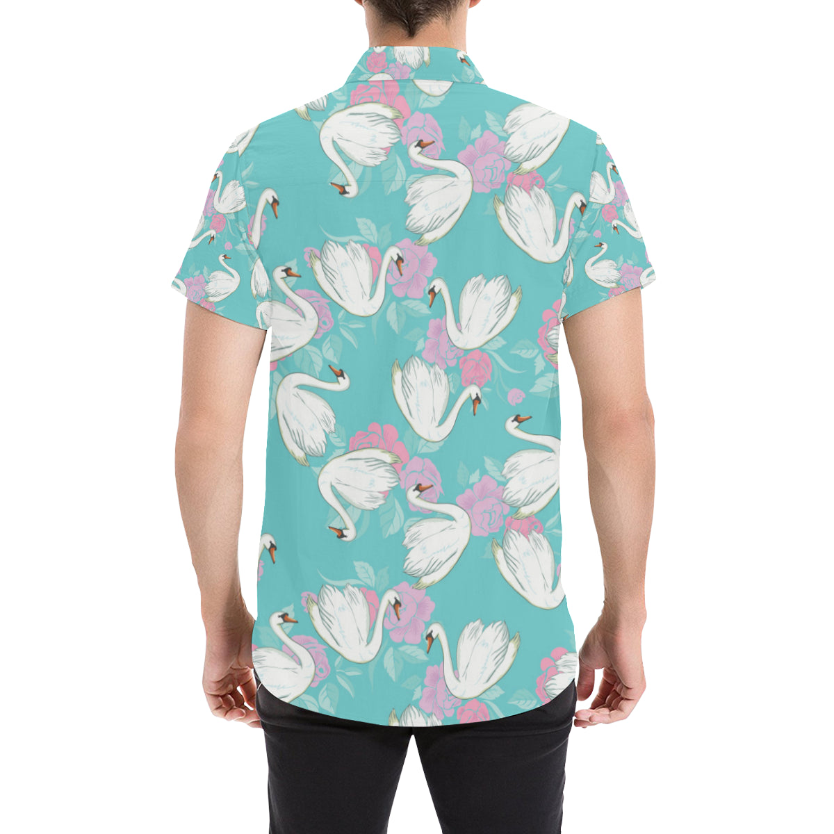 Swan Pattern Print Design 03 Men's Short Sleeve Button Up Shirt
