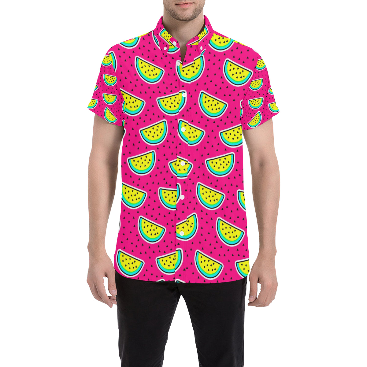 Watermelon Pattern Print Design WM04 Men's Short Sleeve Button Up Shirt