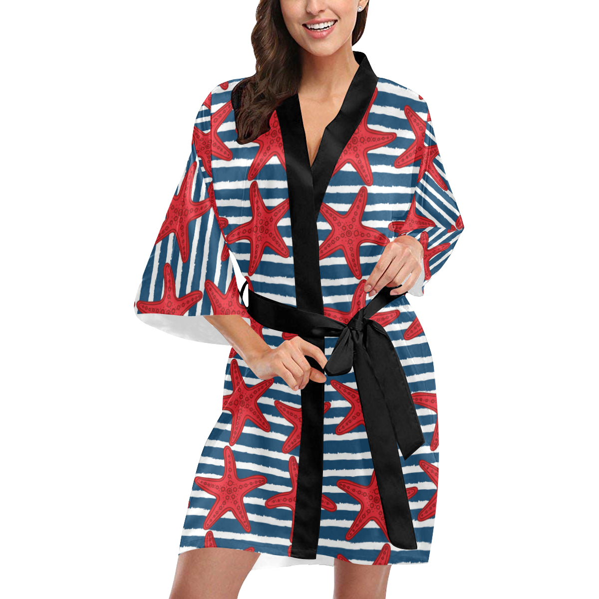 Starfish Red Pattern Print Design 02 Women's Short Kimono