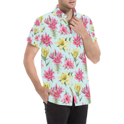 Lily Pattern Print Design LY010 Men's Short Sleeve Button Up Shirt