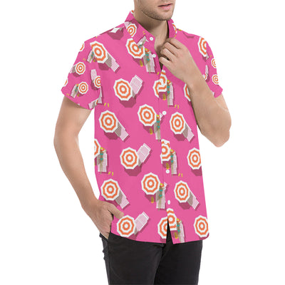 Beach Top View Umbrella Theme Men's Short Sleeve Button Up Shirt