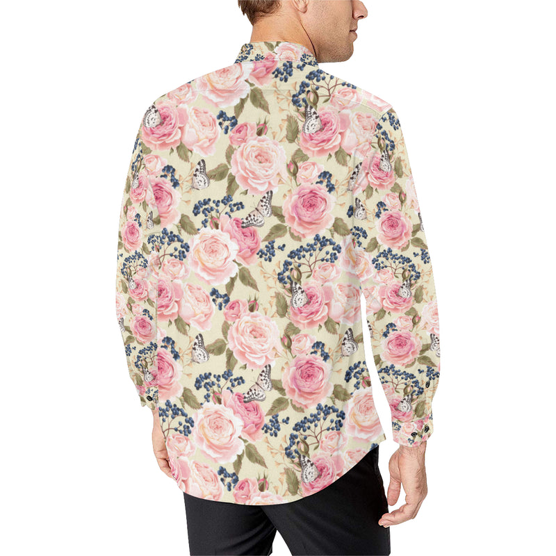 Floral Pink Butterfly Print Men's Long Sleeve Shirt