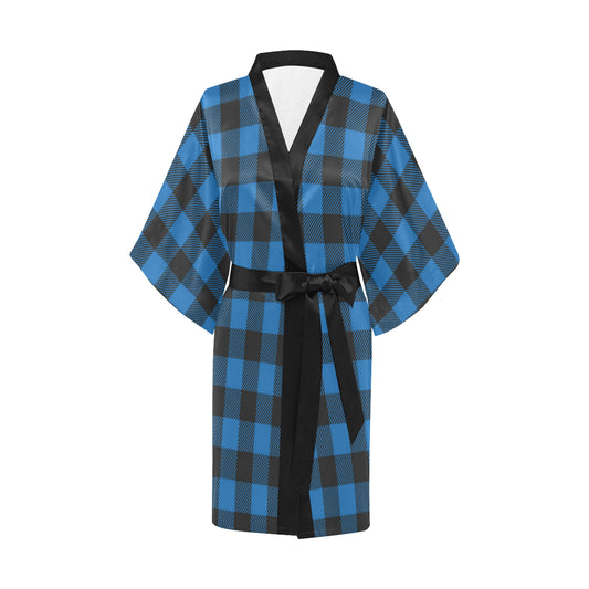 Buffalo check Blue Pattern Print Design 03 Women's Short Kimono