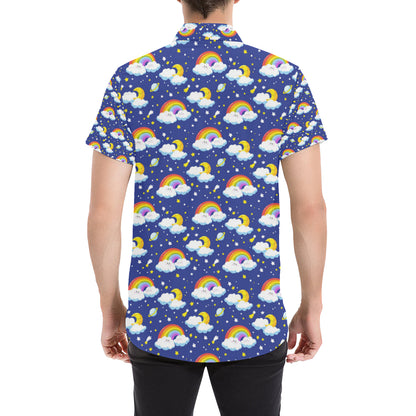 Rainbow Space Design Print Men's Short Sleeve Button Up Shirt