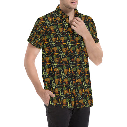 Aloha Hawaii Time Design Themed Print Men's Short Sleeve Button Up Shirt