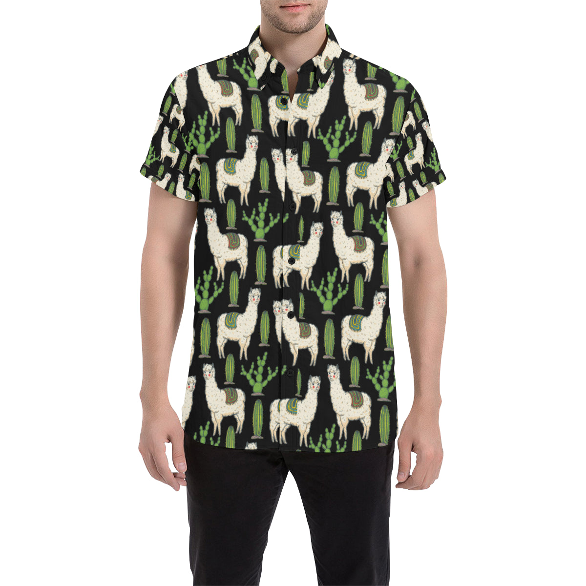 Llama Cactus Pattern Print Design 011 Men's Short Sleeve Button Up Shirt