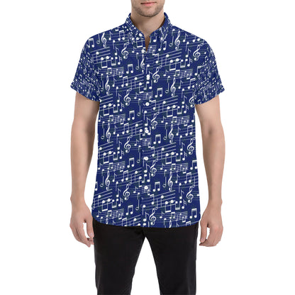 Music Note Blue Themed Print Men's Short Sleeve Button Up Shirt