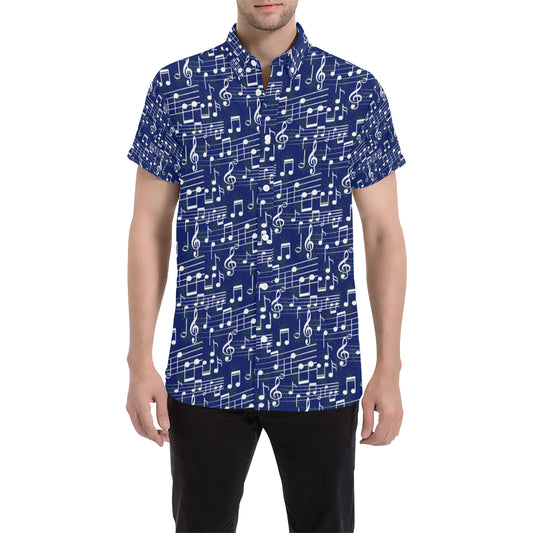 Music Note Blue Themed Print Men's Short Sleeve Button Up Shirt