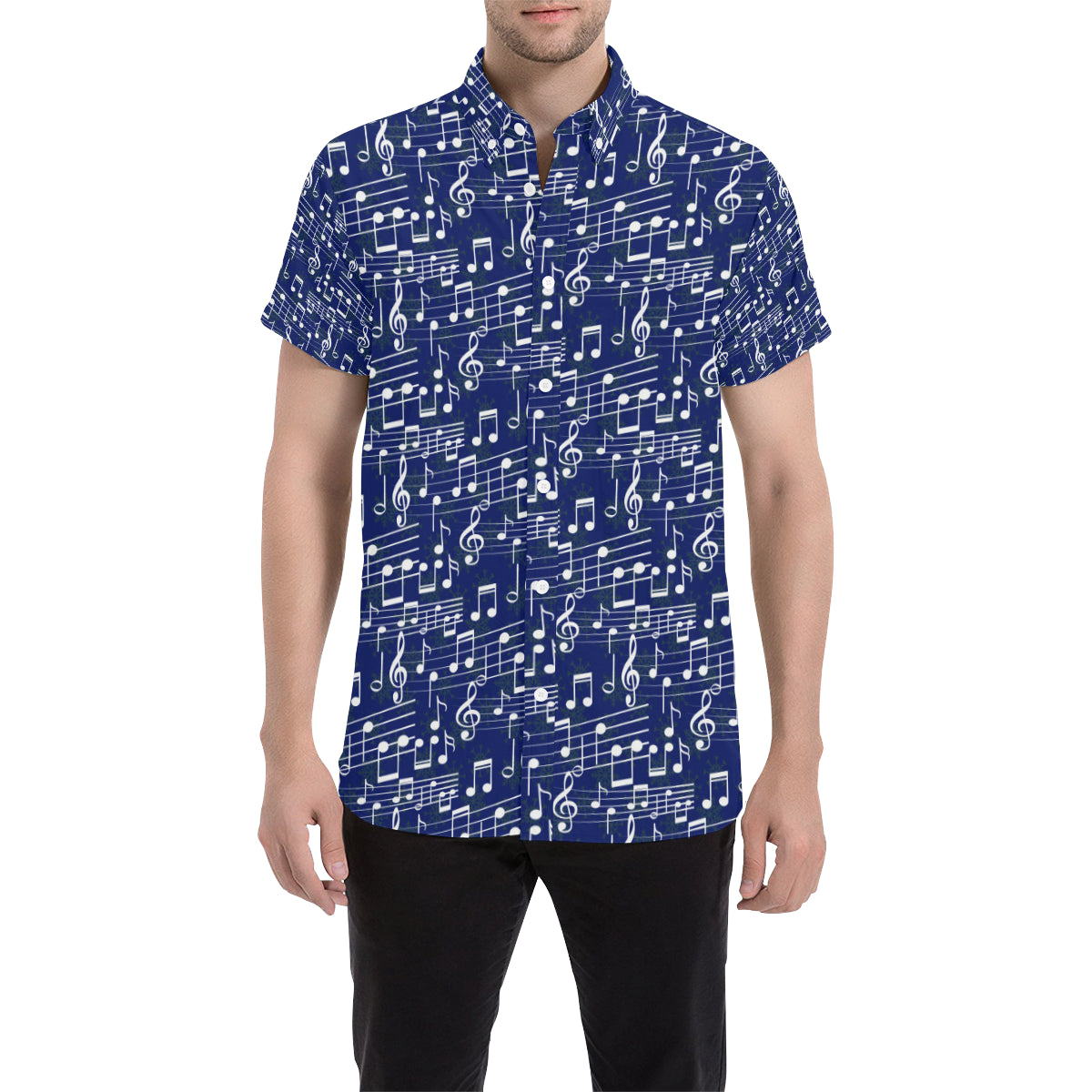 Music Note Blue Themed Print Men's Short Sleeve Button Up Shirt