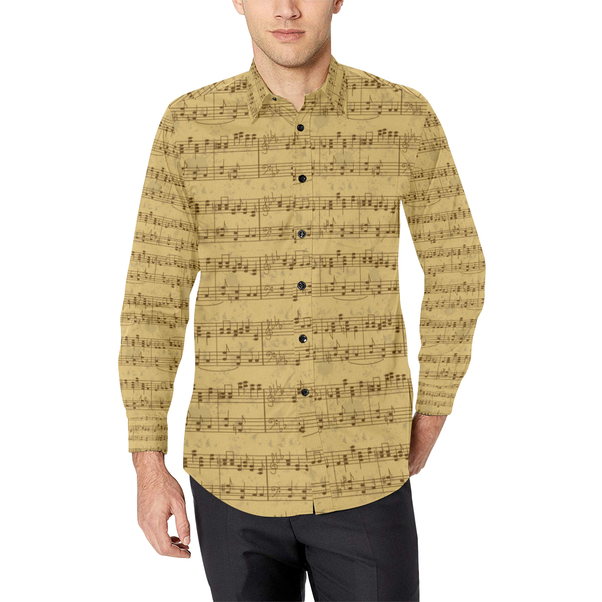 Music Note Vintage Themed Print Men's Long Sleeve Shirt