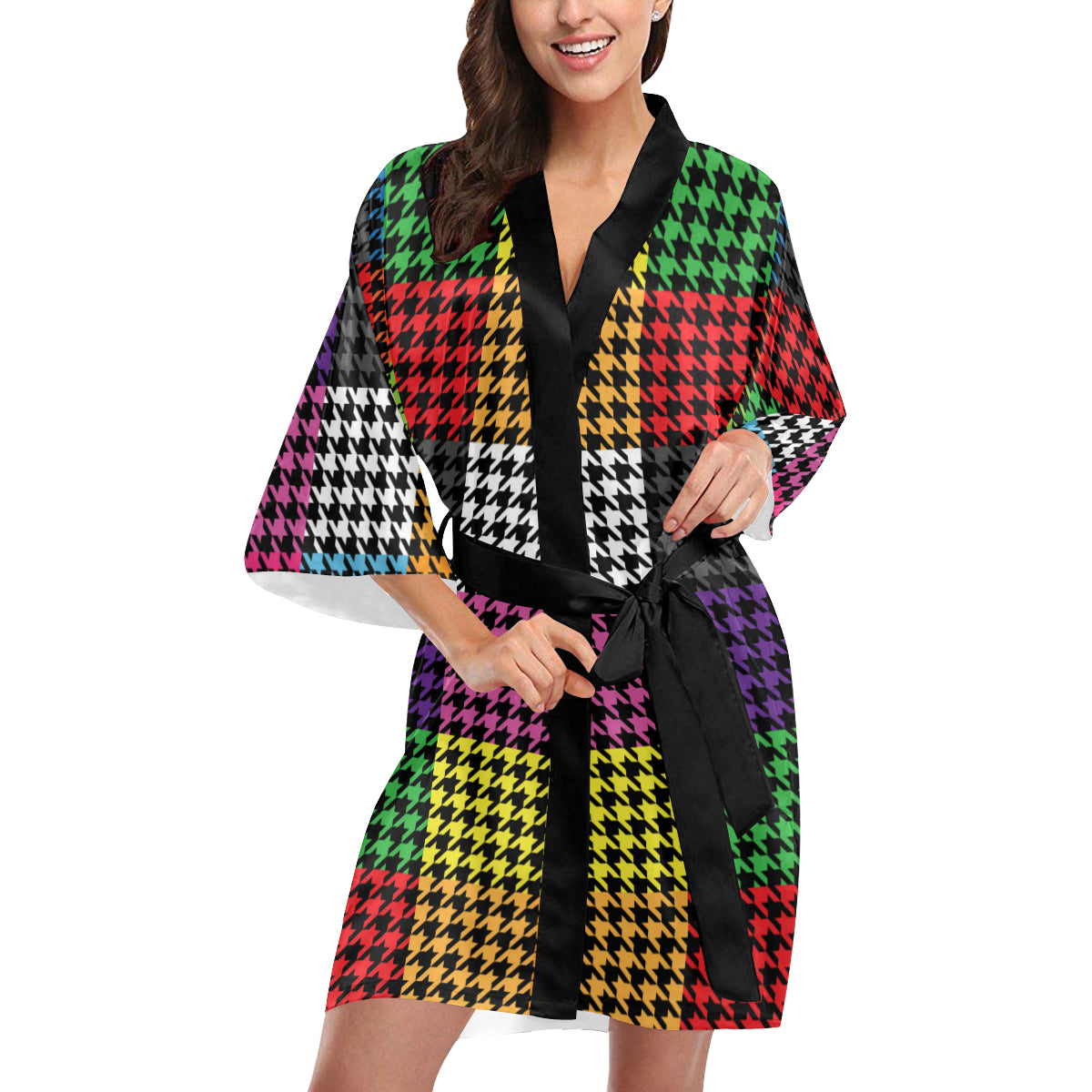 Houndstooth Colorful Pattern Print Design 01 Women's Short Kimono