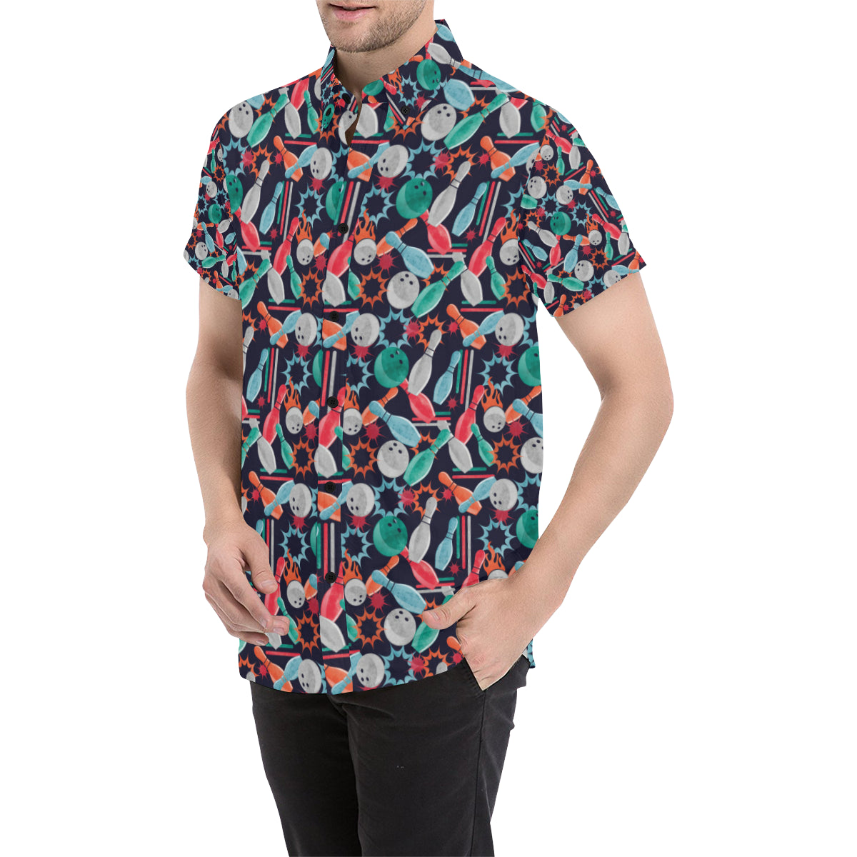 Bowling Pattern Print Design 08 Men's Short Sleeve Button Up Shirt