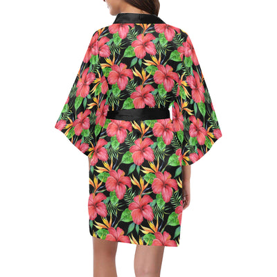 Red Hibiscus Pattern Print Design HB07 Women Kimono Robe