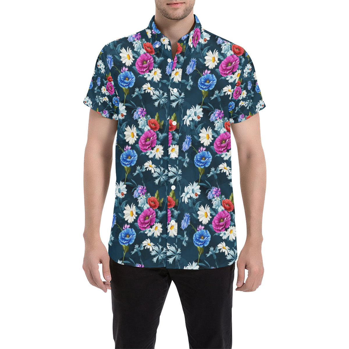 Floral Blue Themed Print Men's Short Sleeve Button Up Shirt