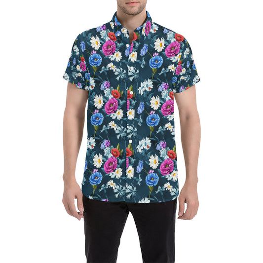 Floral Blue Themed Print Men's Short Sleeve Button Up Shirt