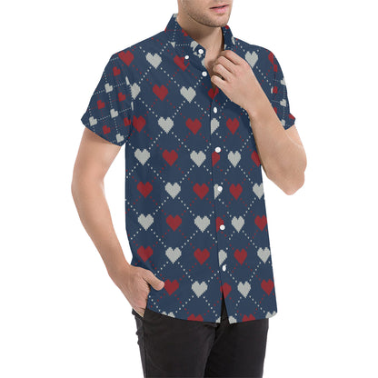 Heart Knit Pattern Print Design HE05 Men's Short Sleeve Button Up Shirt