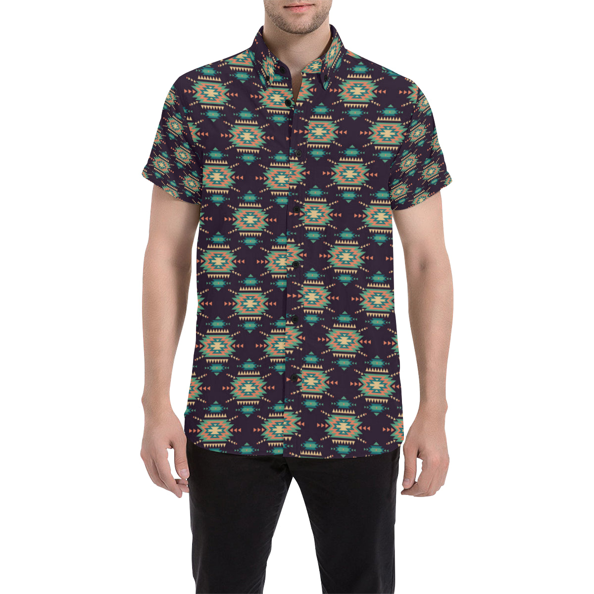 Navajo Geometric Style Print Pattern Men's Short Sleeve Button Up Shirt