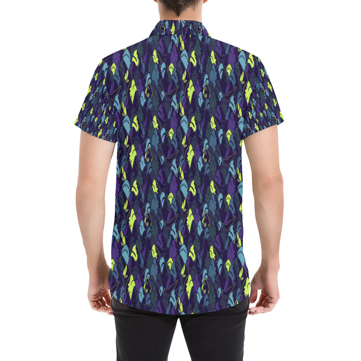 Shark Neon color Print Men's Short Sleeve Button Up Shirt