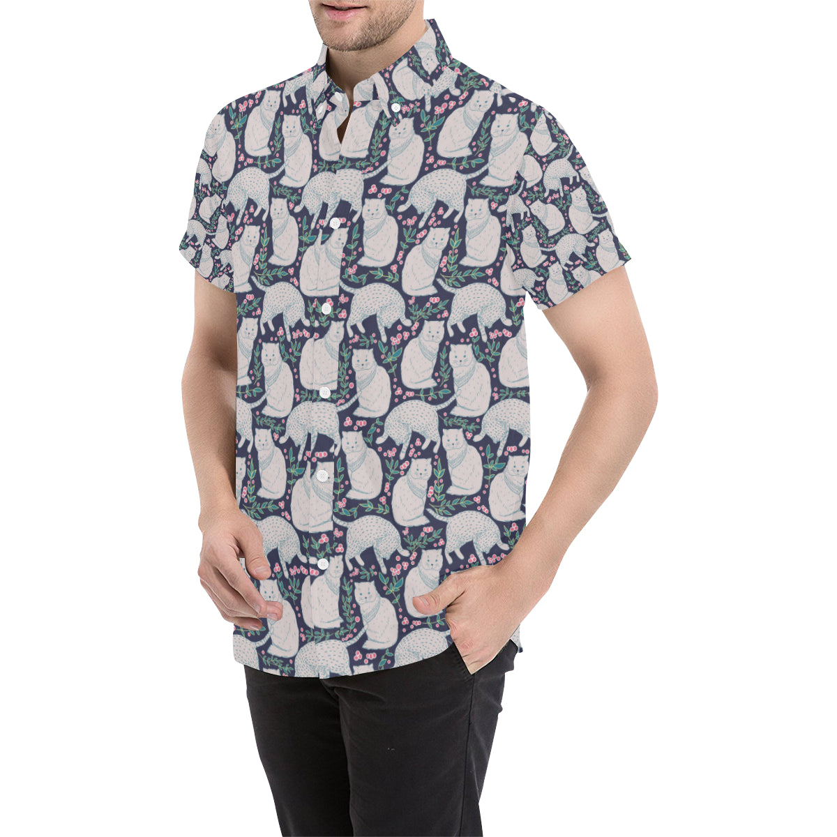 Cat Pattern Print Design 06 Men's Short Sleeve Button Up Shirt