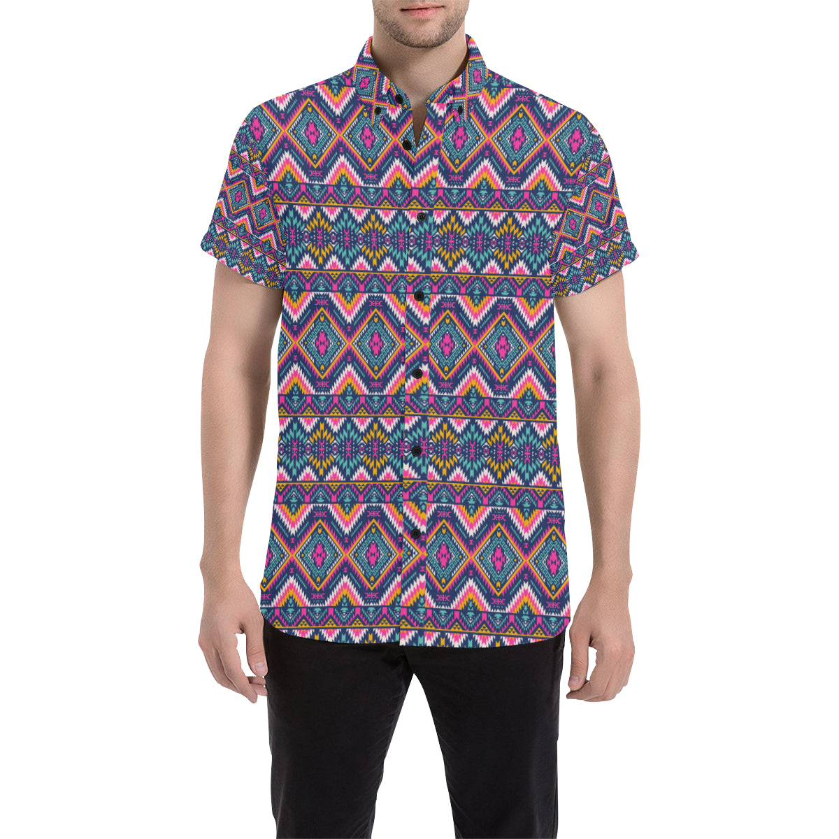 Indian Navajo Pink Themed Design Print Men's Short Sleeve Button Up Shirt