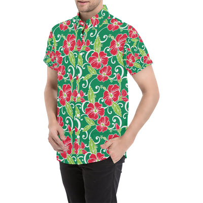 Red Hibiscus Pattern Print Design HB019 Men's Short Sleeve Button Up Shirt