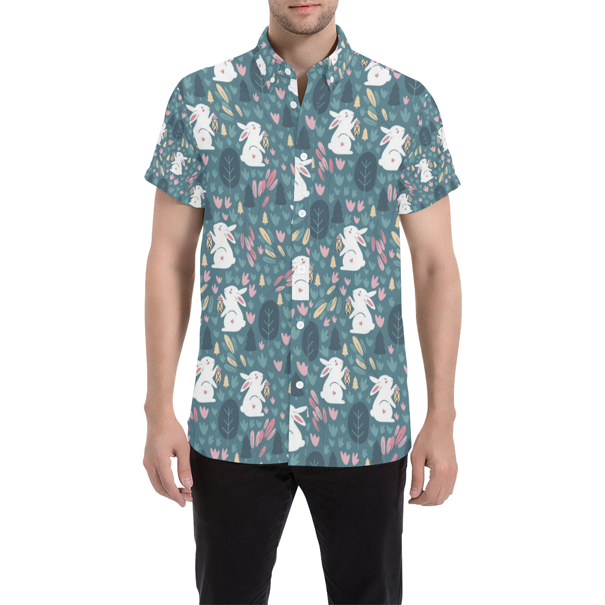 Rabbit Pattern Print Design RB013 Men's Short Sleeve Button Up Shirt