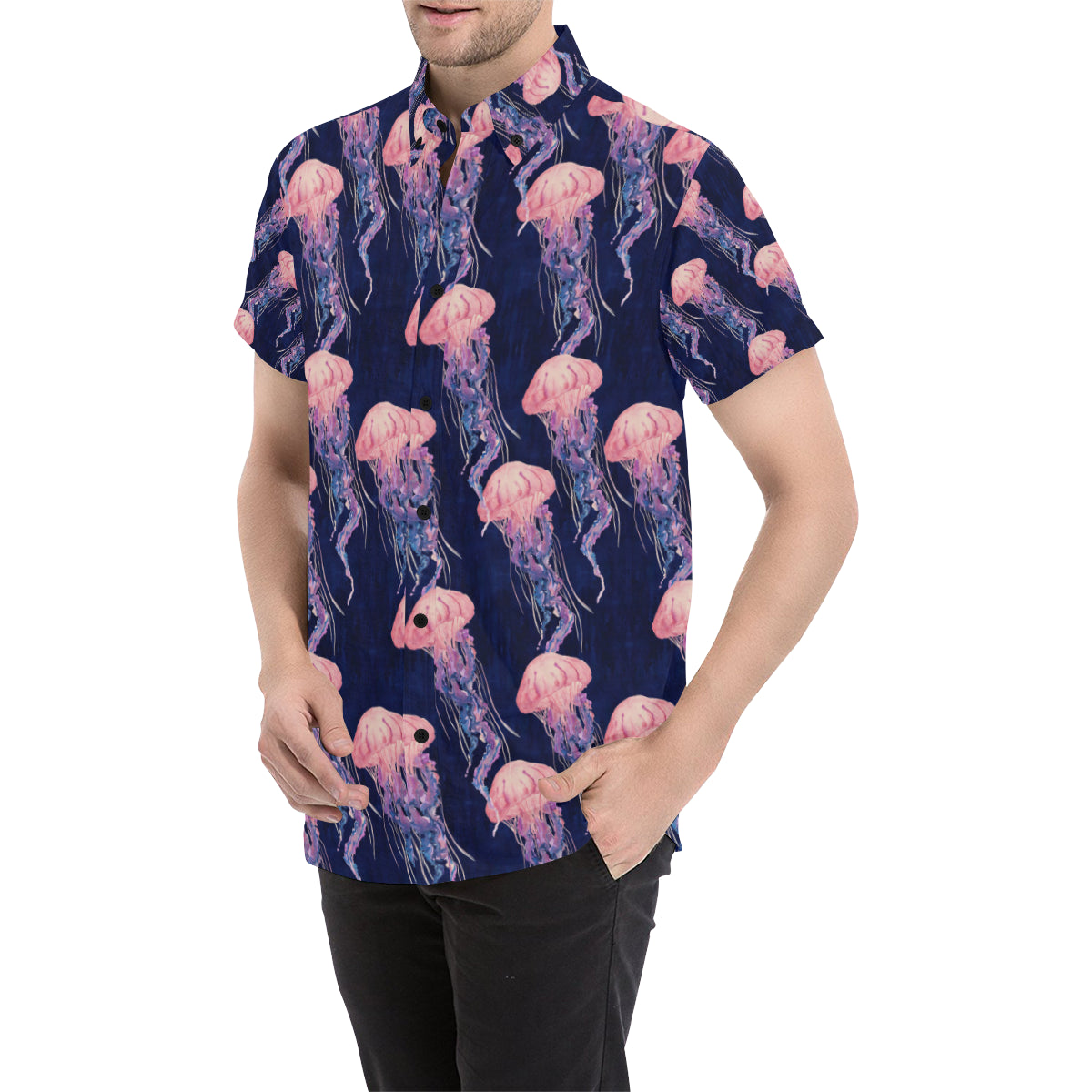 Jellyfish Pattern Print Design 03 Men's Short Sleeve Button Up Shirt