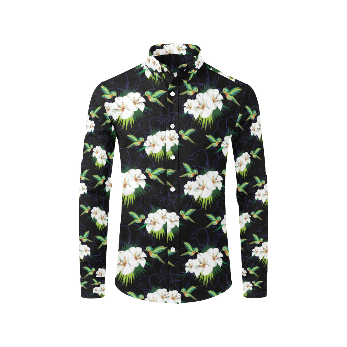 Hummingbird with Flower Pattern Print Design 03 Men's Long Sleeve Shirt