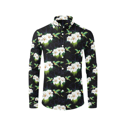 Hummingbird with Flower Pattern Print Design 03 Men's Long Sleeve Shirt