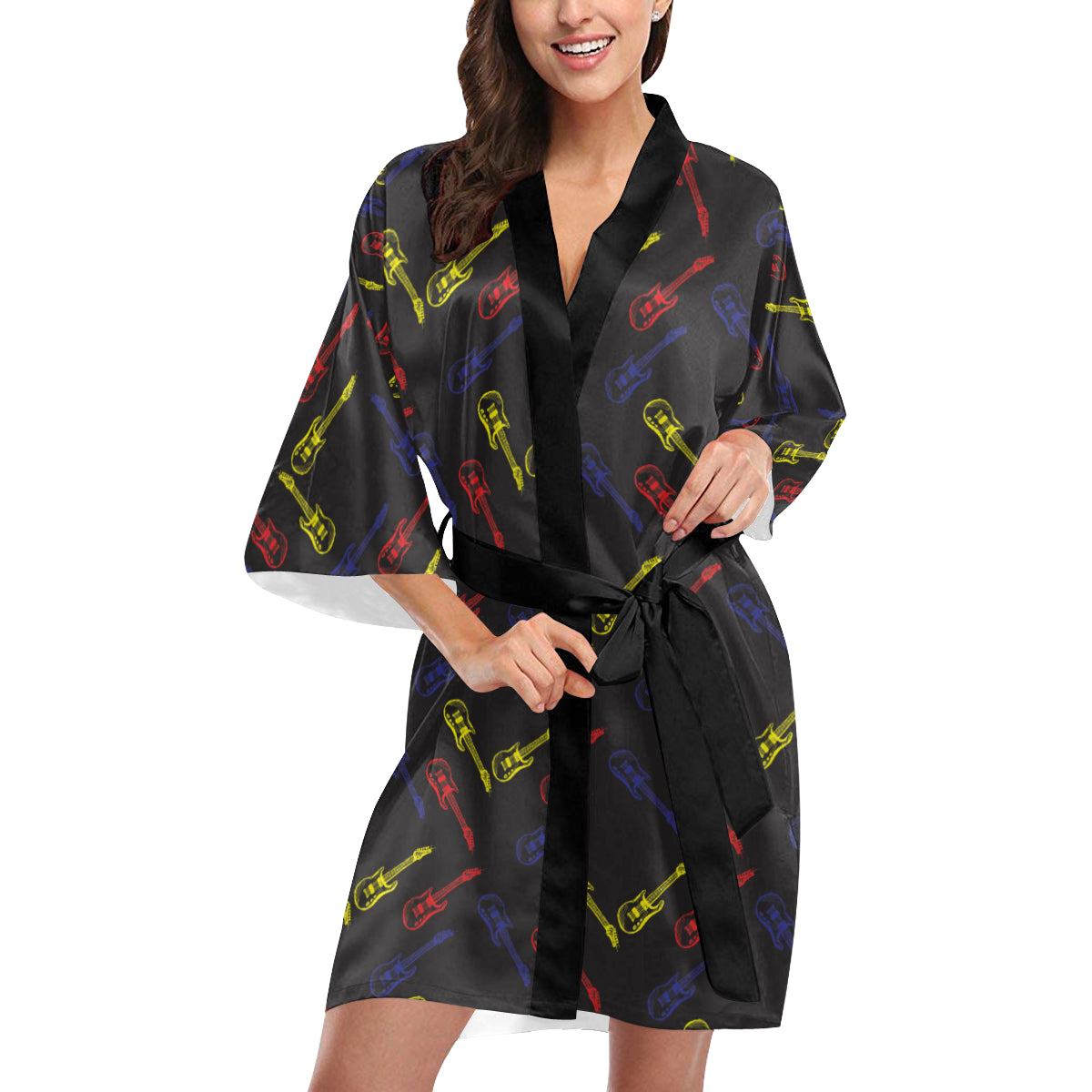 Electric Guitar Pattern Print Design 03 Women's Short Kimono