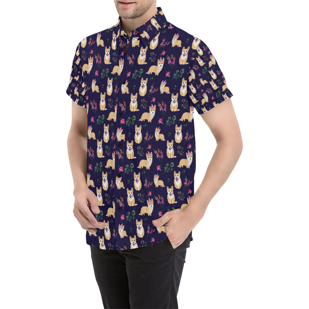 Pembroke Welsh Corgis Pattern Print Design A06 Men's Short Sleeve Button Up Shirt