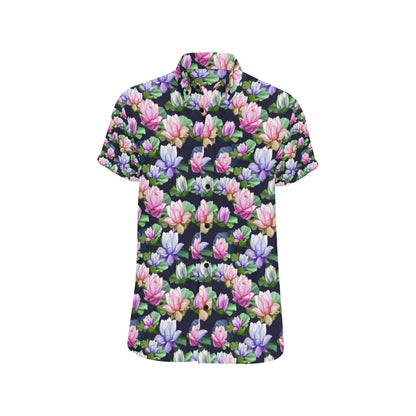 Lotus Flower Print Design Men's Short Sleeve Button Up Shirt