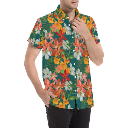 Amaryllis Pattern Print Design AL06 Men's Short Sleeve Button Up Shirt